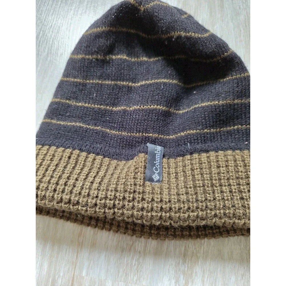 Columbia Reversible Knit Beanie Hat Brown Black Striped Waffle Winter Unisex OS